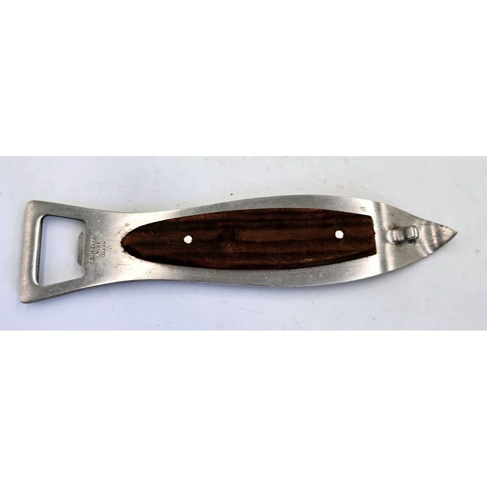 Vintage Stainless Steel Wood Inlay Bottle Opener Can Piercer Fish Shaped‎ Japan